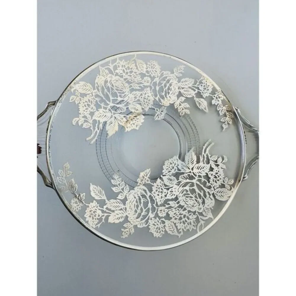 Vintage Floral Leaf Silver Overlay Glass Plate W/Handles Silver Trim 8
